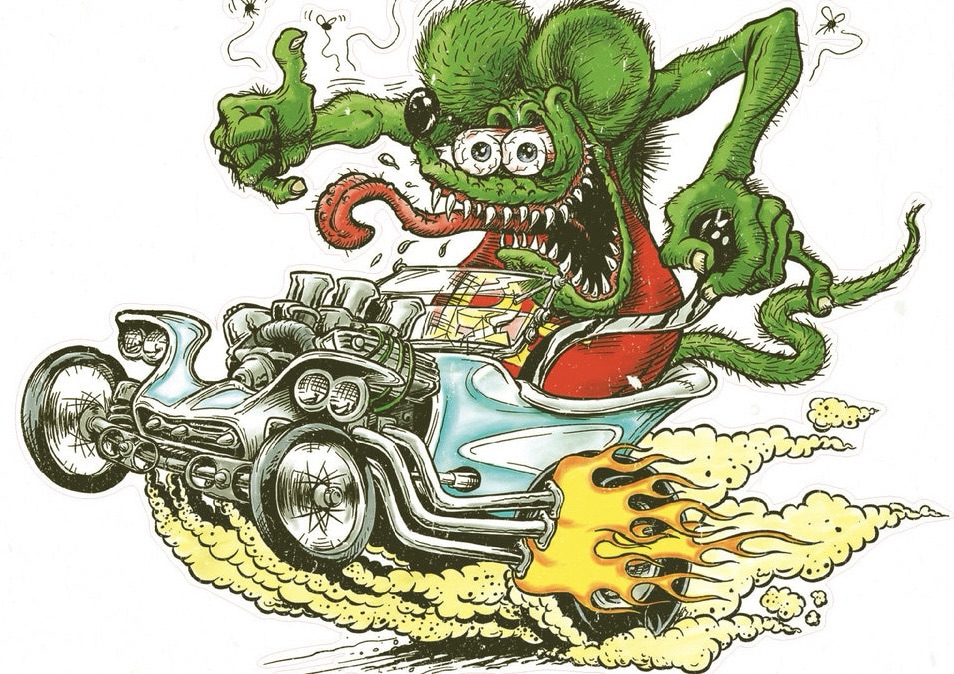 Image of Rat Fink in a hot rod